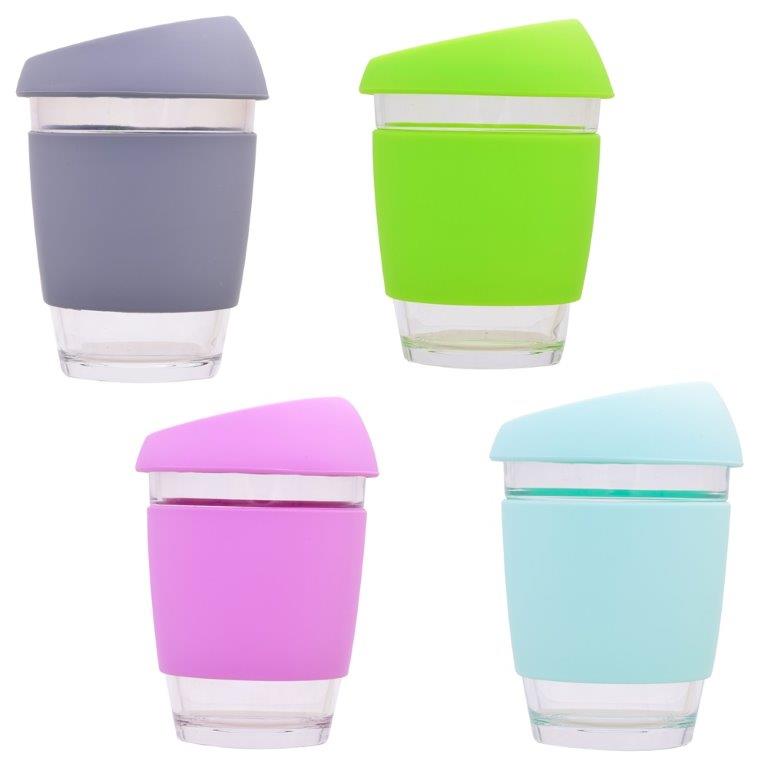 Reusable glass Coffee mug with silicone sleeve and plastic lid