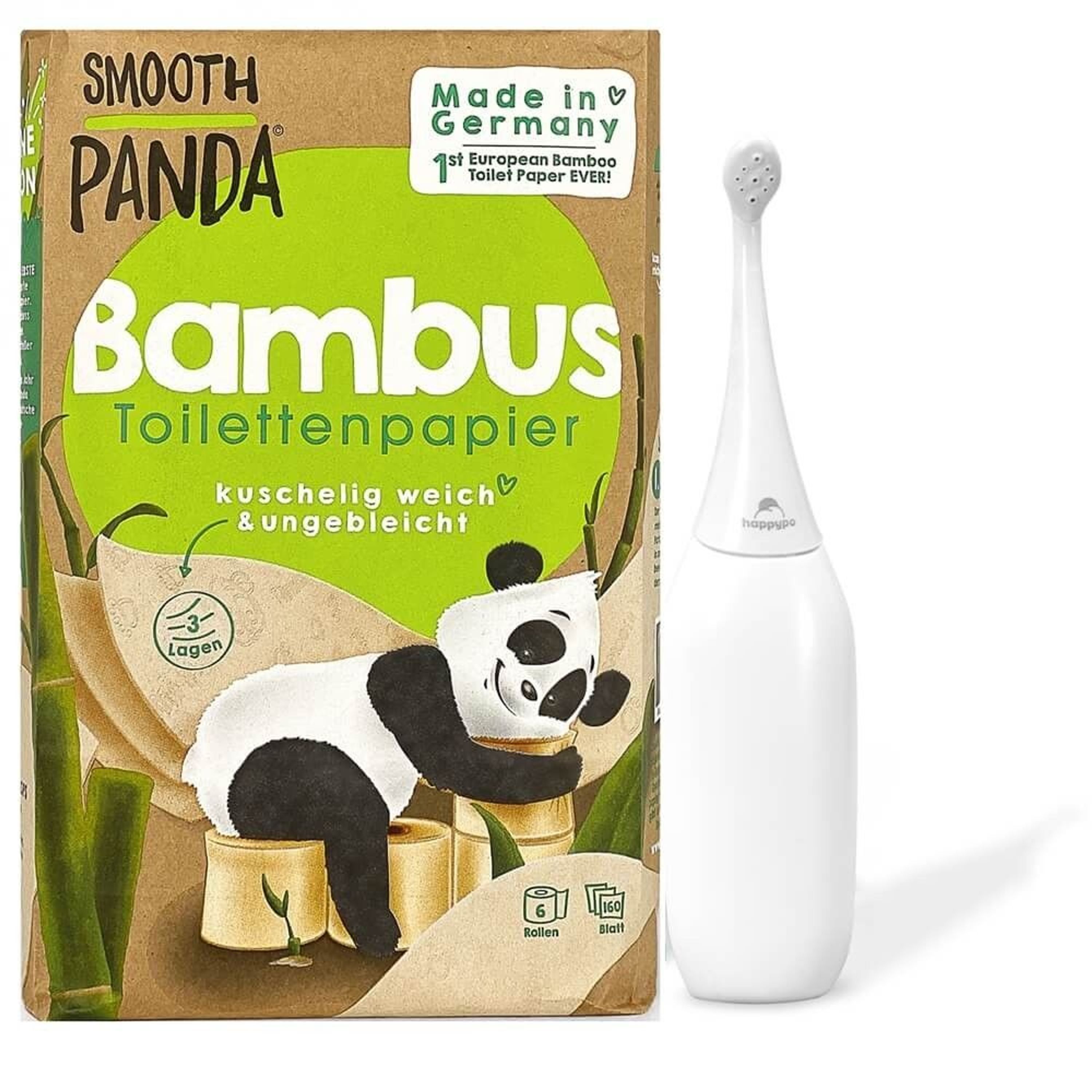 Set of Smooth Panda bamboo toilet paper (6 rolls) and HappyPo butt shower.
