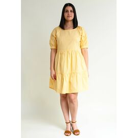Knee-length summer dress with flounces "ME-TA" in pale yellow 100% organic cotton