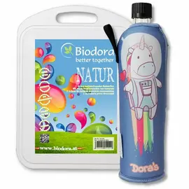 Biodora Set aus Glasflasche 500 ml mit Neoprenbezug Einhorn und Schneidebrett