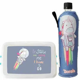 Biodora storage box and Dora's glass bottle with wetsuit in unicorn set