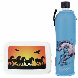 Biodora storage box and Dora's glass bottle with wetsuit in set horse