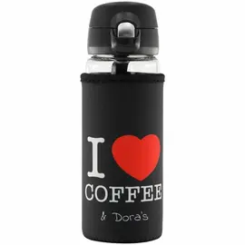 Dora's glass tumbler 450 ml with one-hand closure and neoprene cover "I Love Coffee".