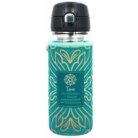 Dora's glass thermal mug with one-hand closure (450ml) with cover "tea" in green / gold